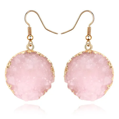 1Pair Sparkly Colorful Drusy Round Circle Dangle Earings Pink Quartz Color Resin Stone Druzy Earrings For Women Jewelry E1318T1