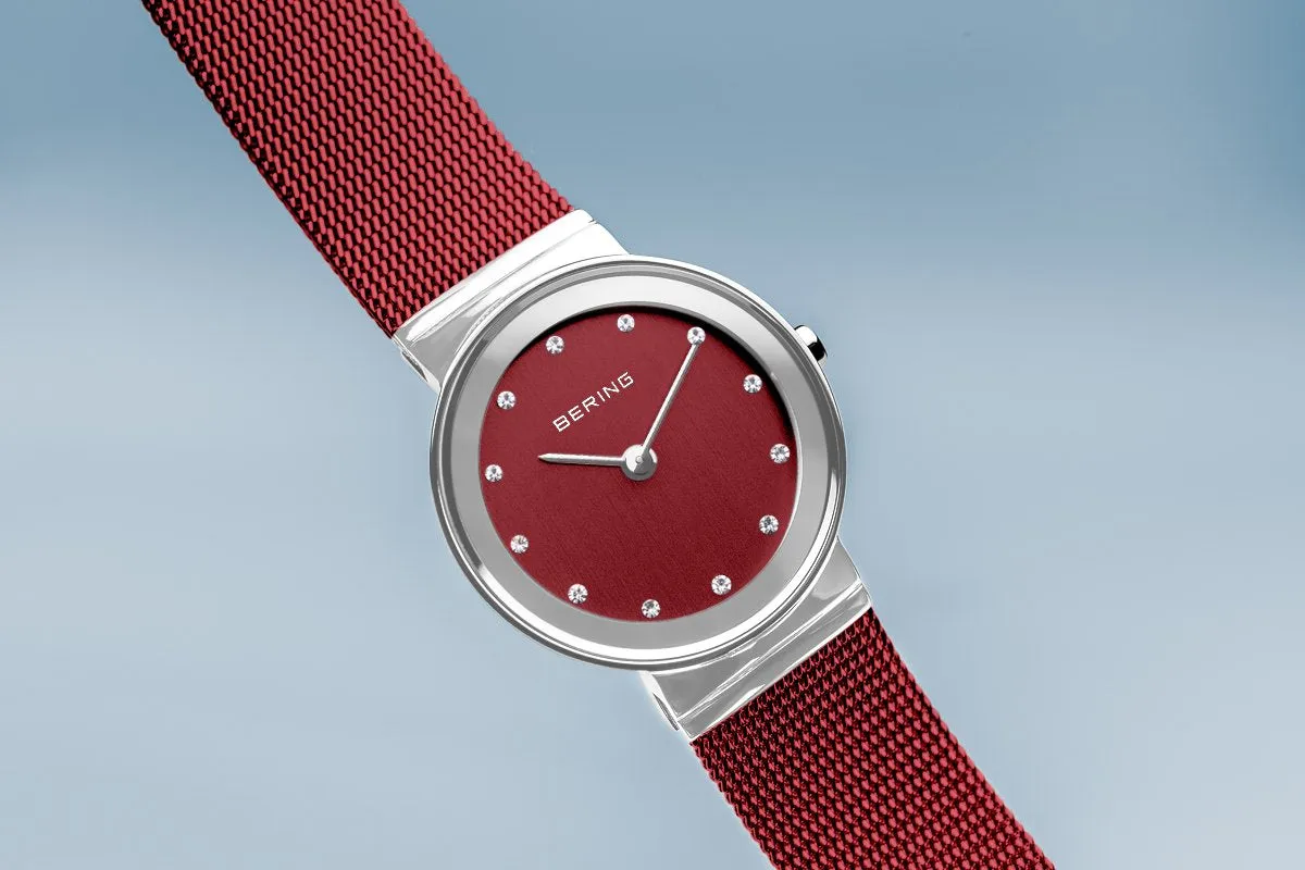 Bering Classic Polished Silver Red Mesh Watch