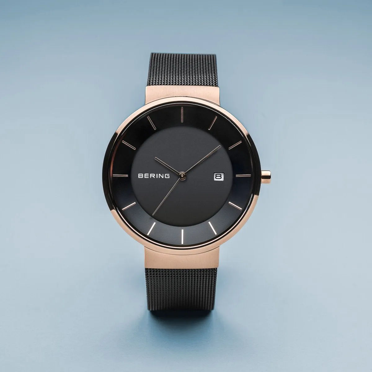 Bering Solar Polised Rose Gold Black Mesh Watch