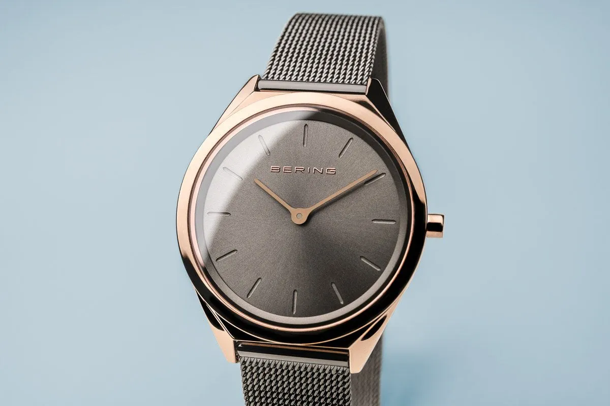 Bering Ultra Slim Polished Rose Gold Grey Mesh Watch