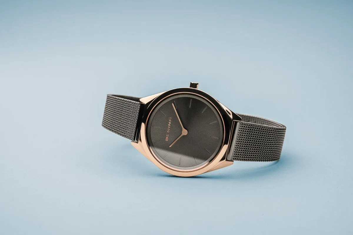 Bering Ultra Slim Polished Rose Gold Grey Mesh Watch