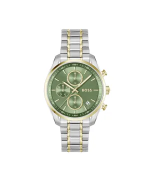 BOSS Grand Tour Ladies Qtz Chrono Green Round Dial Women's Watch|Two Tone Stainless Steel Material|Silver Color Band - 1502766