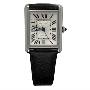 Cartier - TANK MUST WATCH Extra- Large Black Steel / Leather Automatic WSTA0040