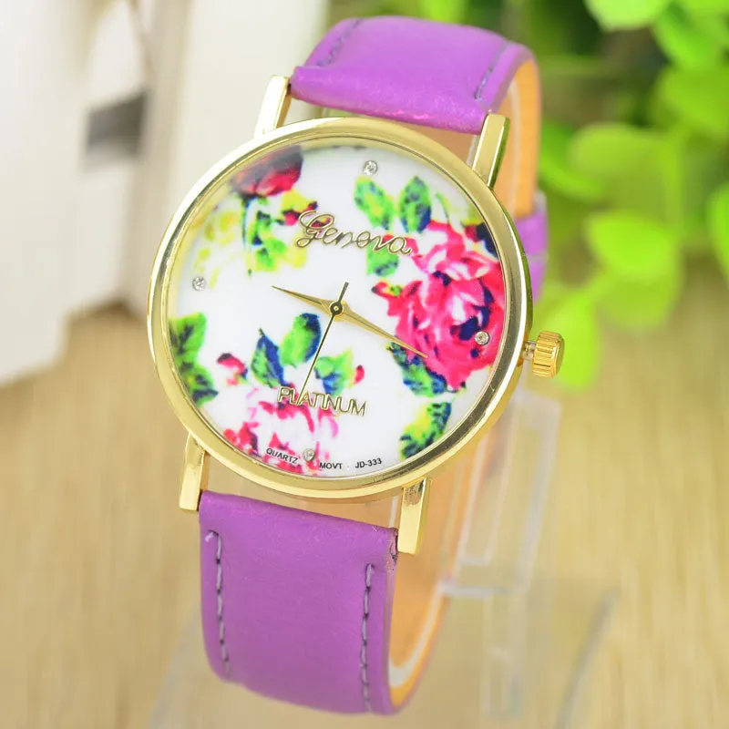 Fashion Leather GENEVA Rose gold Flower Watch Women Dress Watch Quartz Watches