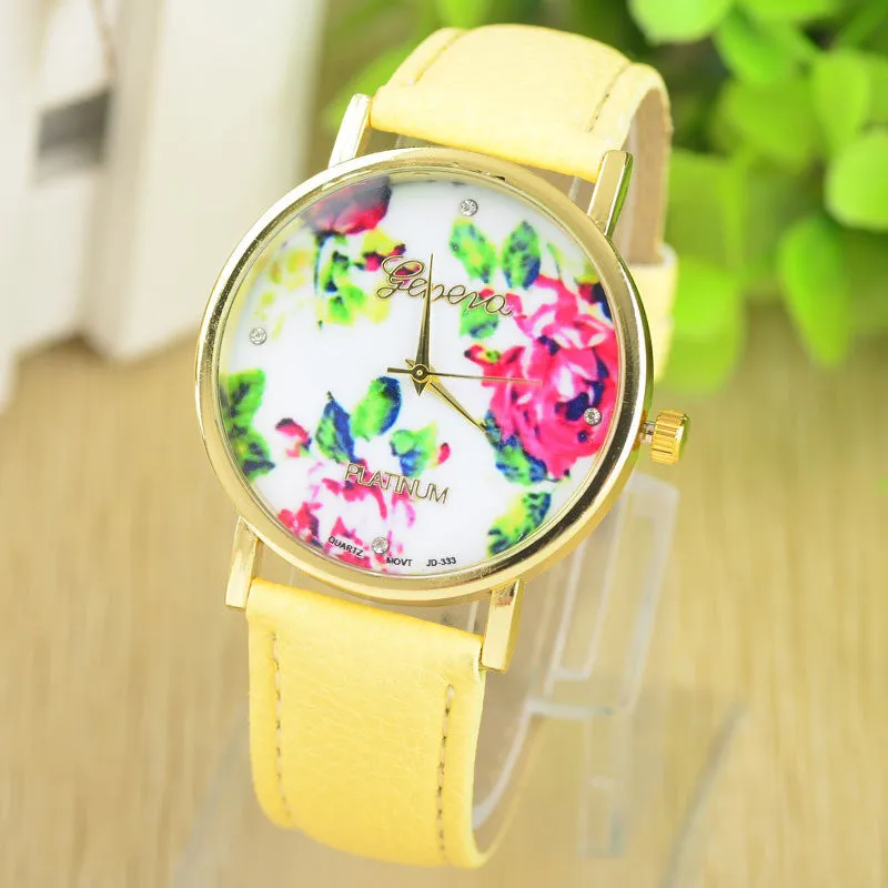 Fashion Leather GENEVA Rose gold Flower Watch Women Dress Watch Quartz Watches