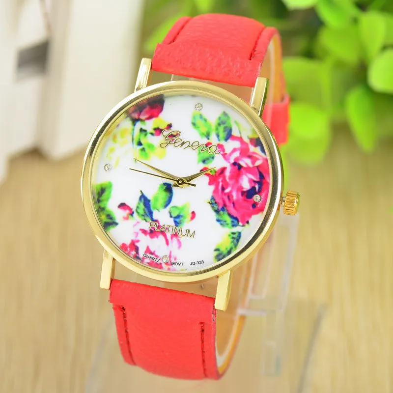 Fashion Leather GENEVA Rose gold Flower Watch Women Dress Watch Quartz Watches