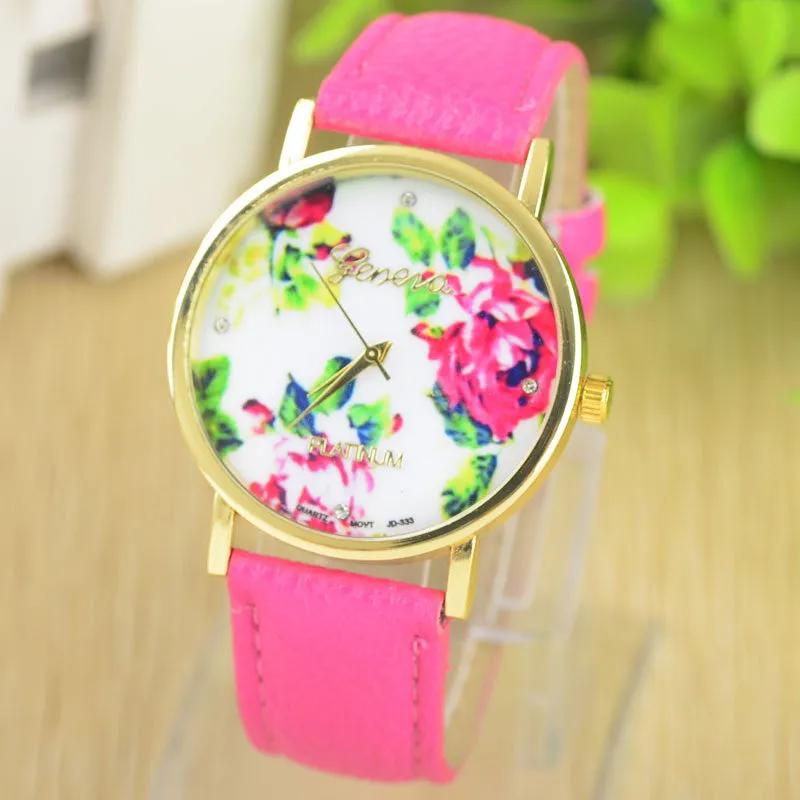 Fashion Leather GENEVA Rose gold Flower Watch Women Dress Watch Quartz Watches