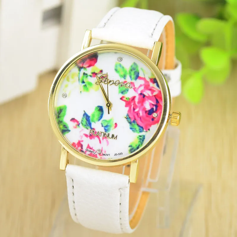 Fashion Leather GENEVA Rose gold Flower Watch Women Dress Watch Quartz Watches