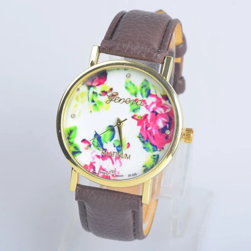 Fashion Leather GENEVA Rose gold Flower Watch Women Dress Watch Quartz Watches