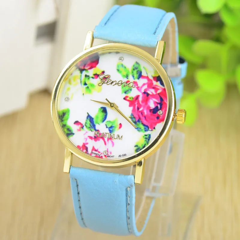 Fashion Leather GENEVA Rose gold Flower Watch Women Dress Watch Quartz Watches