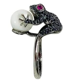 Ferini Black Diamond & Pearl Ring Set In 18k White Gold