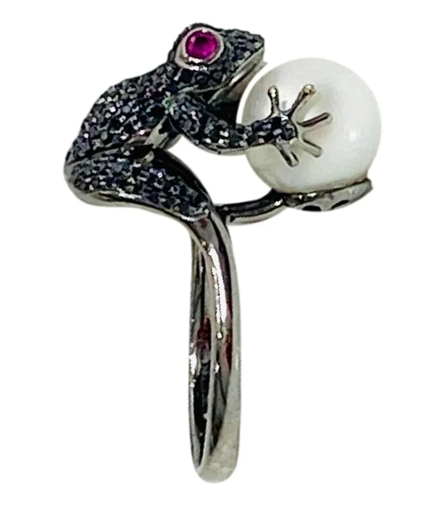 Ferini Black Diamond & Pearl Ring Set In 18k White Gold