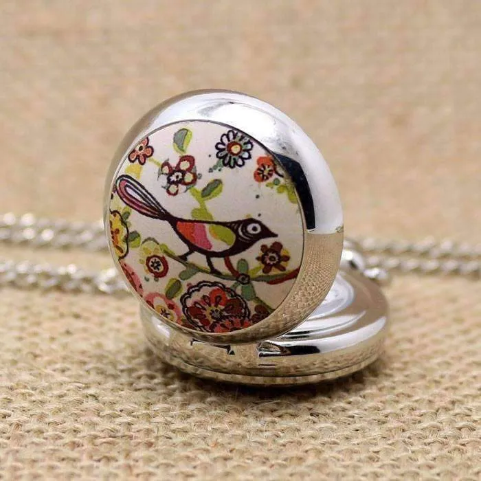 Folk Art Bird Enamel Mini Pocket Watch Necklace