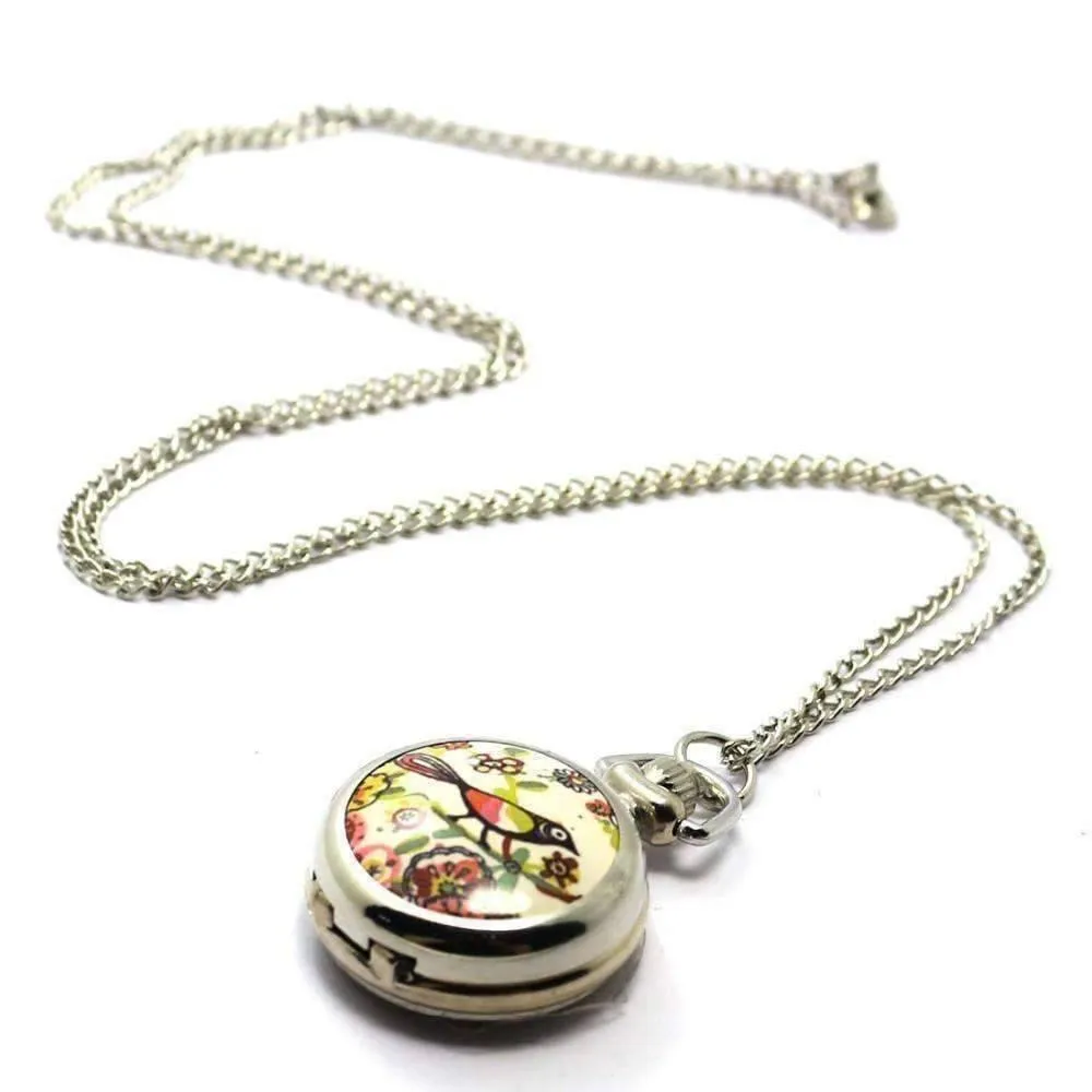 Folk Art Bird Enamel Mini Pocket Watch Necklace