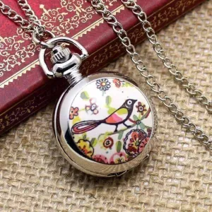 Folk Art Bird Enamel Mini Pocket Watch Necklace