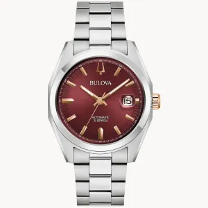 Gent's Silver Tn Bulova "Surveyor" Watch with Maroon Dial Automatic Watch