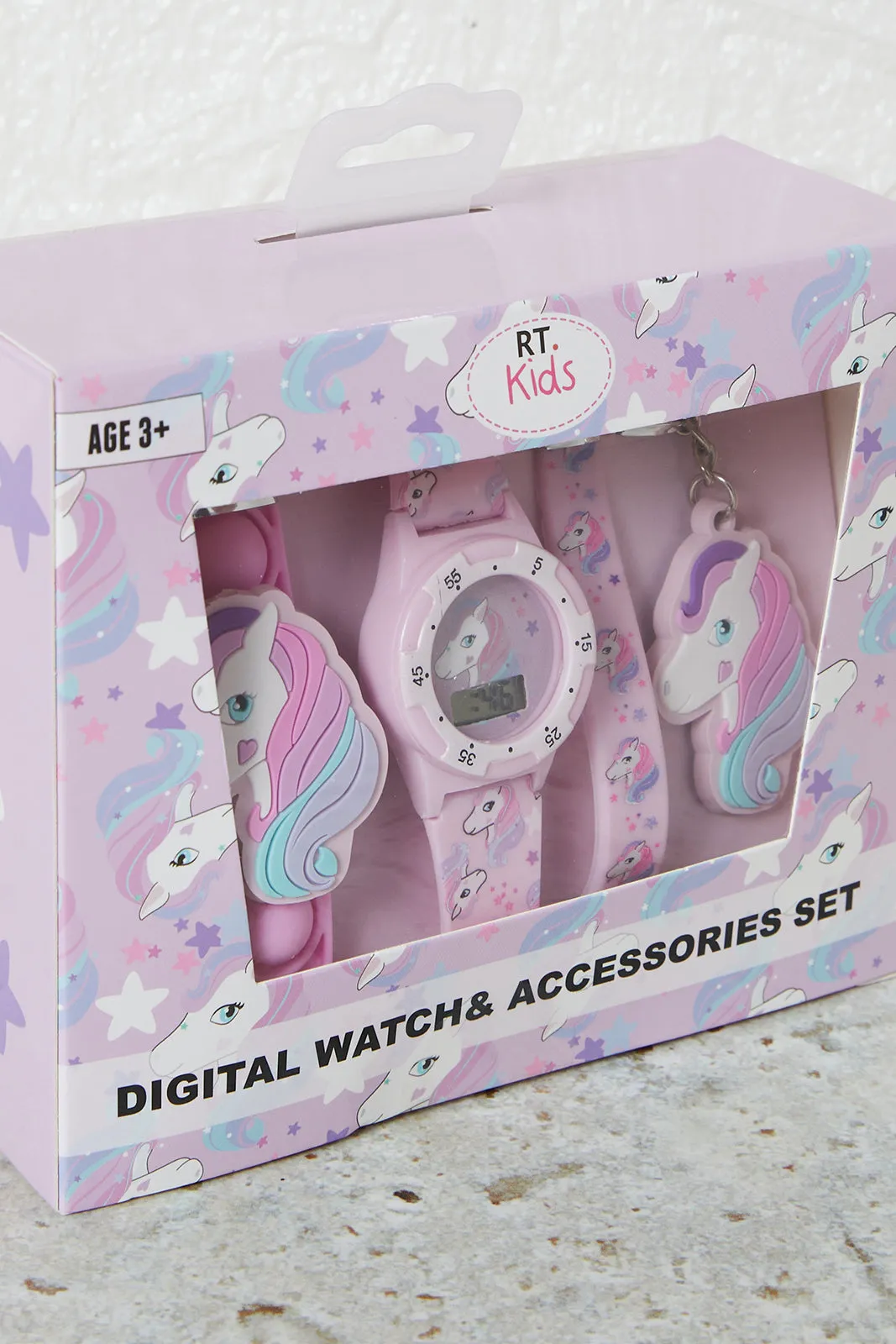 Girls Pink Unicorn Printed Digital Watch Set (3 Piece)