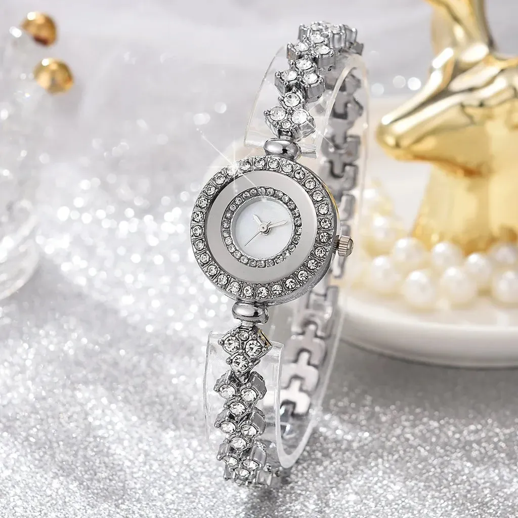 High-looking round quartz watch with full diamonds and small dial for women, fashionable and simple thin chain watch