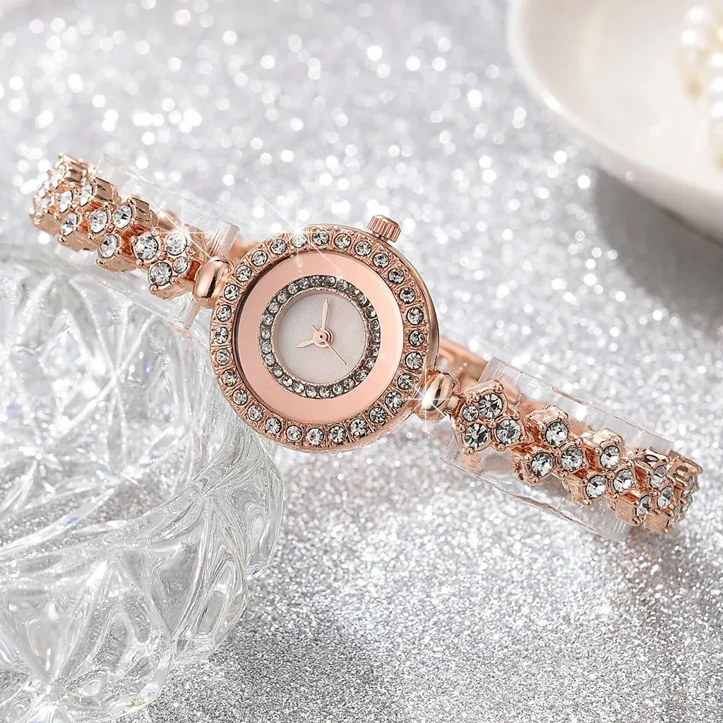 High-looking round quartz watch with full diamonds and small dial for women, fashionable and simple thin chain watch