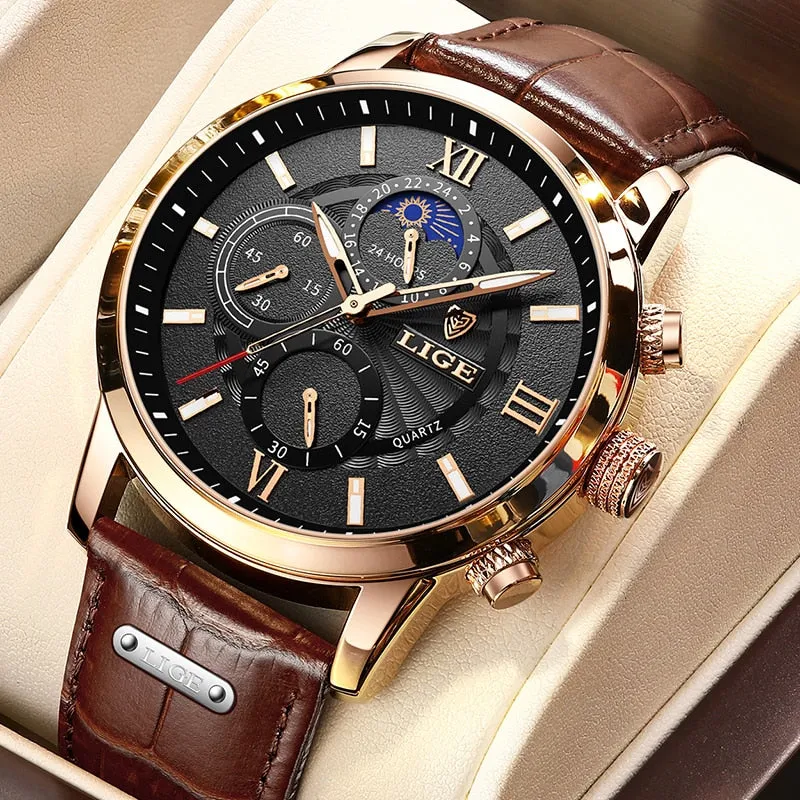 LIGE Men&#39;s Watches Top Brand Luxury Men Wrist Watch Leather Quartz Watch Sports Waterproof Male Clock Relogio Masculino Box