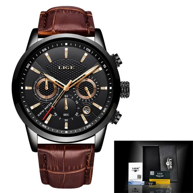 LIGE Men&#39;s Watches Top Brand Luxury Men Wrist Watch Leather Quartz Watch Sports Waterproof Male Clock Relogio Masculino Box