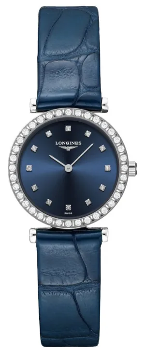 Longines La Grand Classique Stainless Steel Blue Dial Blue Leather Strap Diamonds Quartz Womens Watch L4.341.0.97.2