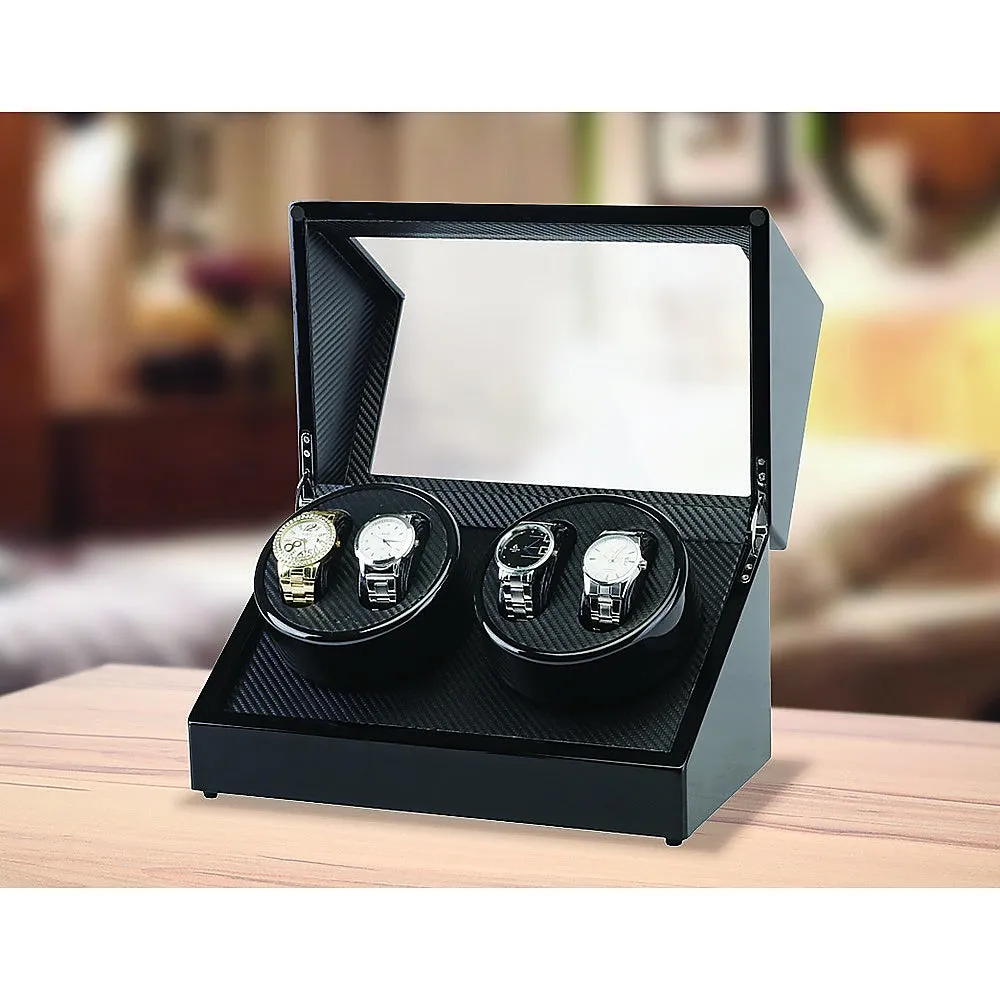 Luxury Quad Watch Winder Box - Wood, Carbon Fiber, Velvet