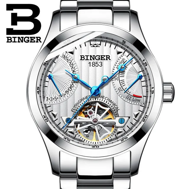 Mechanical Luxury Brand Binger with Stainless Steel Strap Men Watches