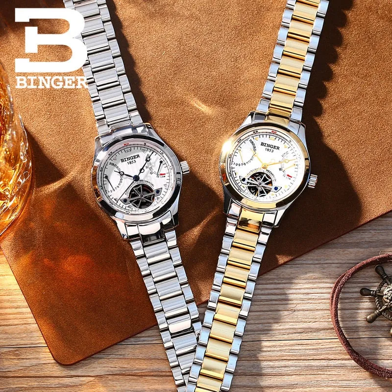 Mechanical Luxury Brand Binger with Stainless Steel Strap Men Watches