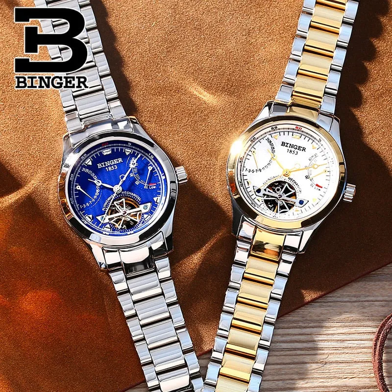 Mechanical Luxury Brand Binger with Stainless Steel Strap Men Watches