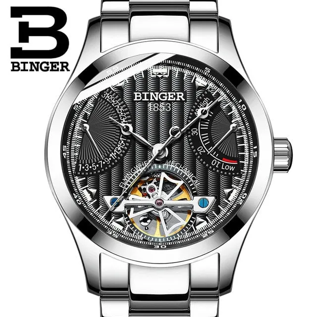 Mechanical Luxury Brand Binger with Stainless Steel Strap Men Watches