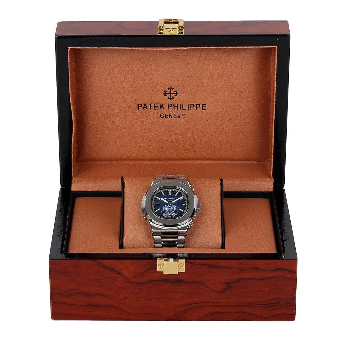 Patek Philippe Geneve Blue Face Stainless Steel Watch