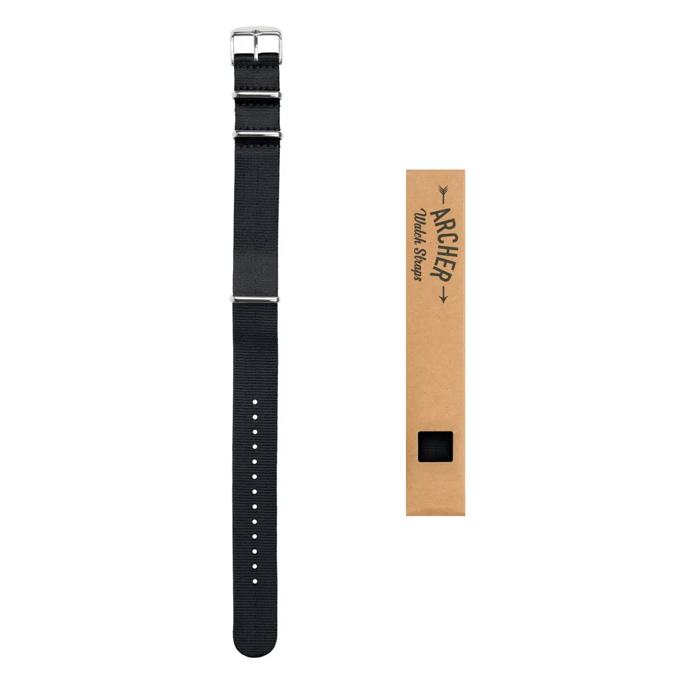 Seat Belt Nylon Military Style Watch Band - Black, Stainless Hardware