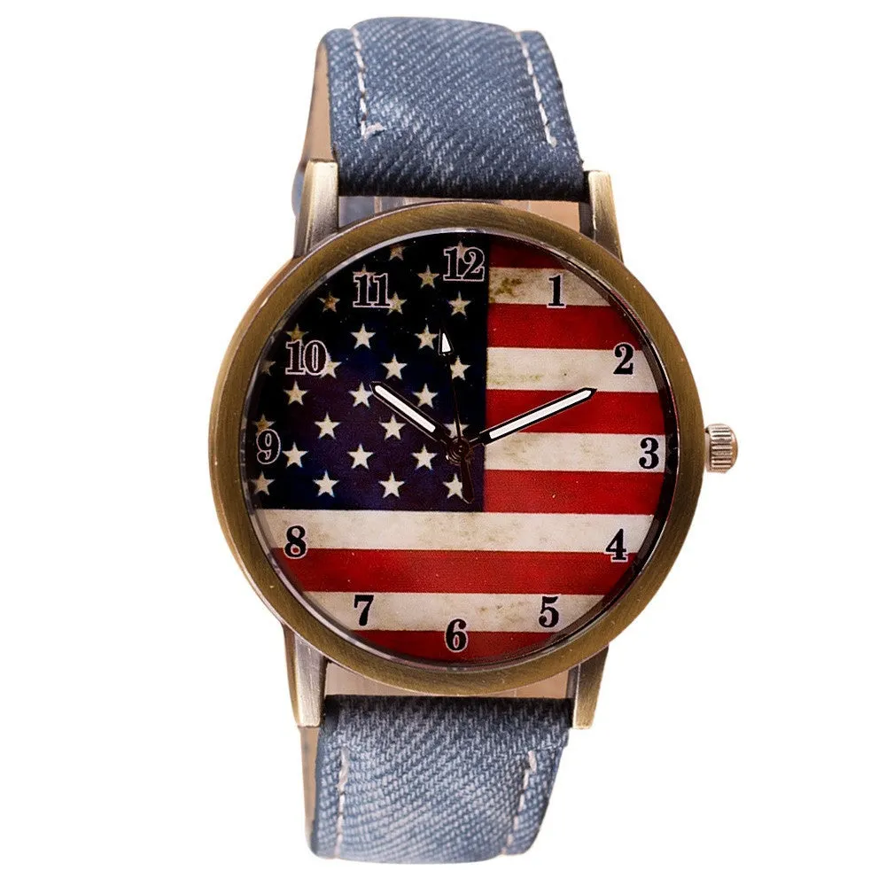 Unisex Watches Casual American Flag Pattern Dial Quartz Wrist Watches