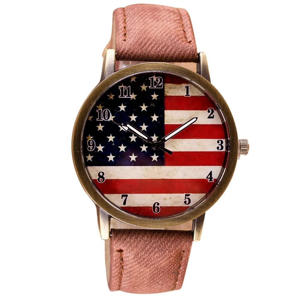 Unisex Watches Casual American Flag Pattern Dial Quartz Wrist Watches