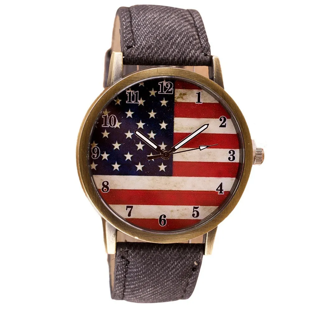 Unisex Watches Casual American Flag Pattern Dial Quartz Wrist Watches