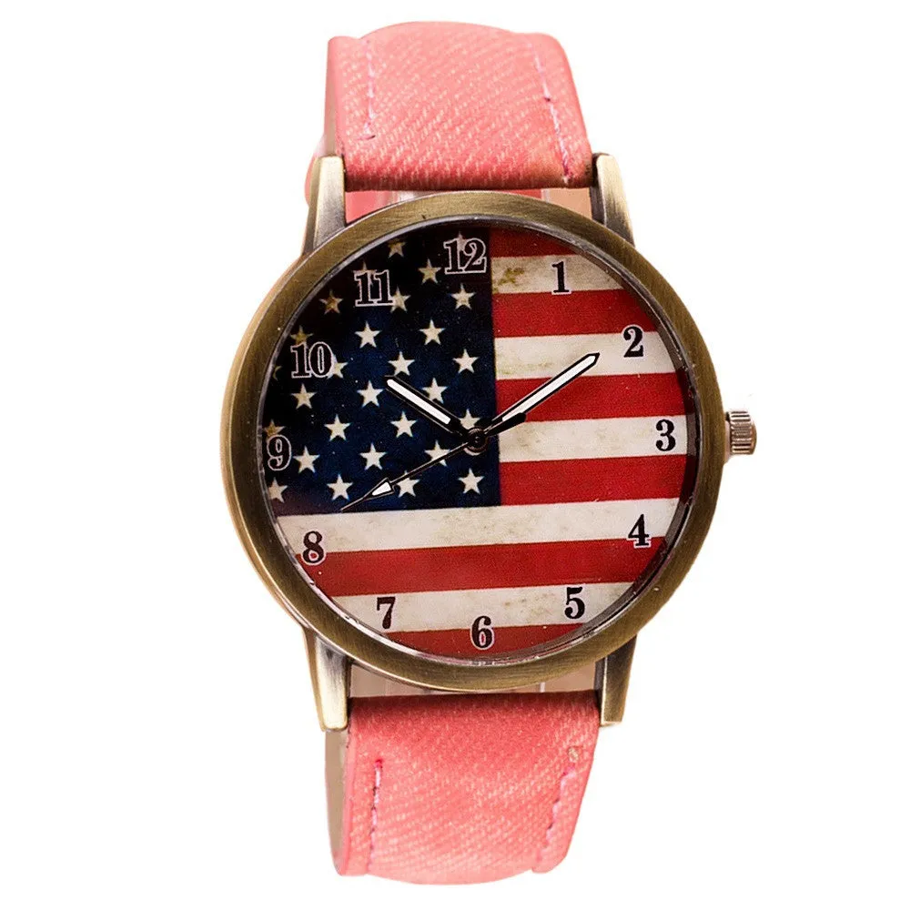 Unisex Watches Casual American Flag Pattern Dial Quartz Wrist Watches