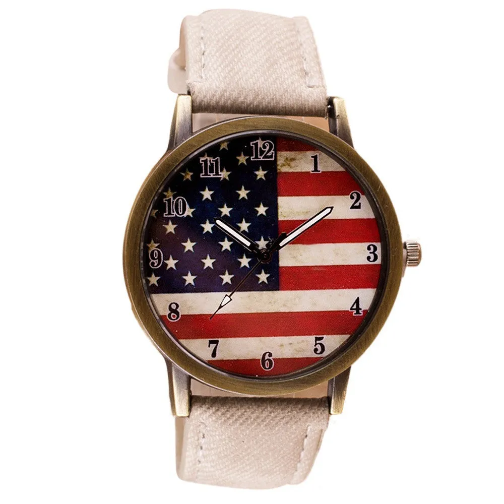 Unisex Watches Casual American Flag Pattern Dial Quartz Wrist Watches