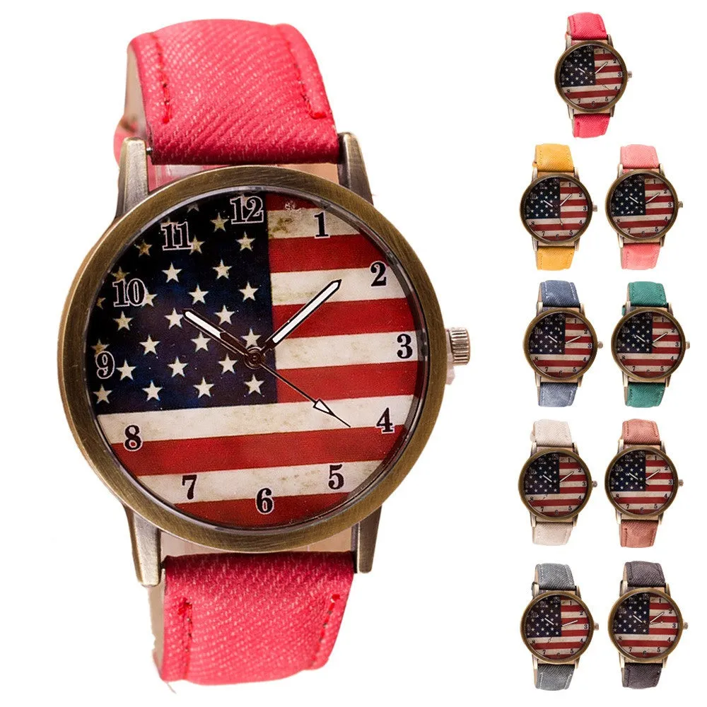 Unisex Watches Casual American Flag Pattern Dial Quartz Wrist Watches