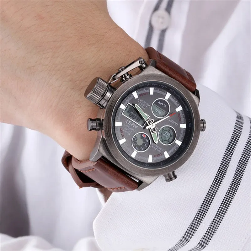 Watches men luxury brand AMST dive LED digital sport Military Watch Genuine Leather quartz wristwatches