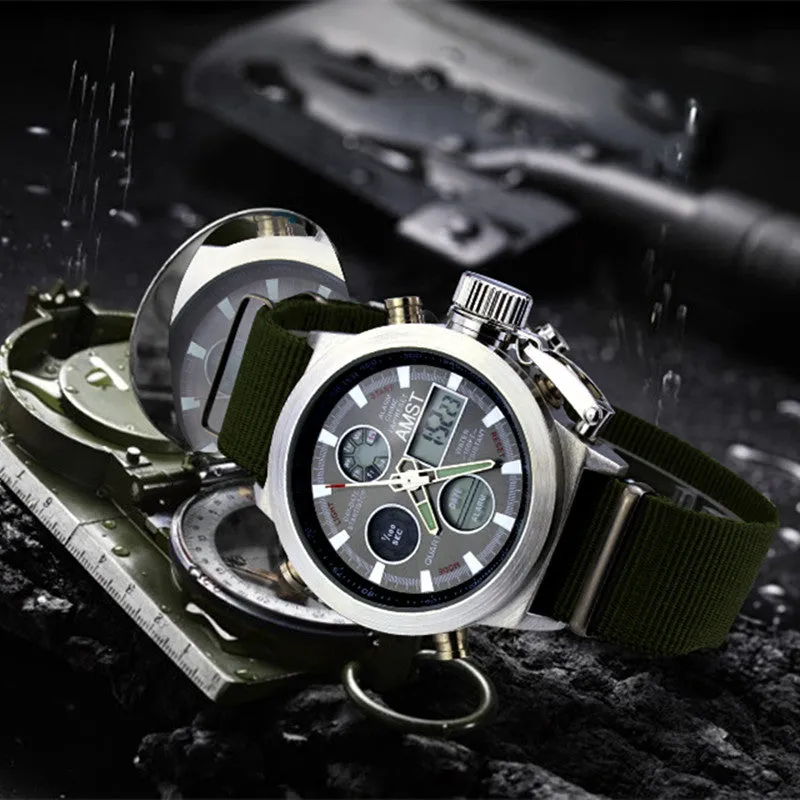 Watches men luxury brand AMST dive LED digital sport Military Watch Genuine Leather quartz wristwatches