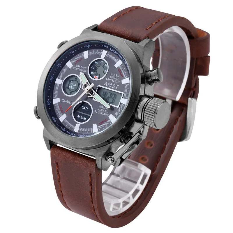 Watches men luxury brand AMST dive LED digital sport Military Watch Genuine Leather quartz wristwatches